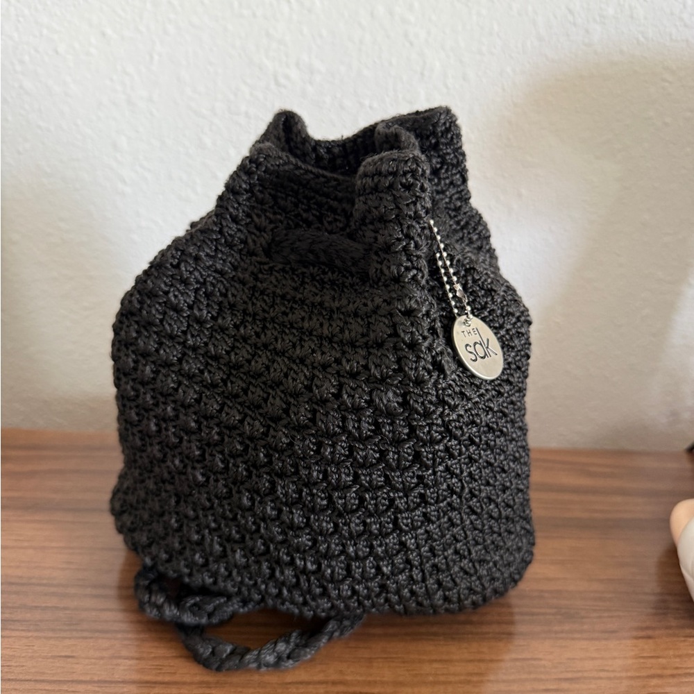 The Sac mini bucket, black crocheted backpack